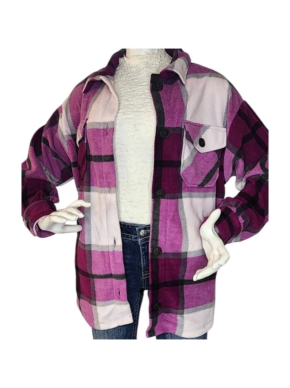 NWT Zenana Plum Plaid Fleece Jacket Oversized Cozy Layer Large